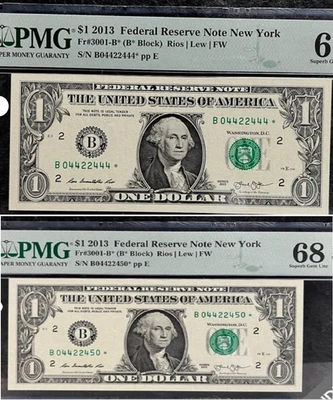 2013 B дублировать звезда Примечание ошибка один доллар банкнота B04422450 * + B04422444 * - Изображение 1 из 4