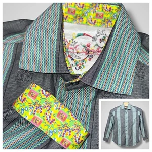 Robert Graham Shirt Mens Medium Gray Green Stripe Yellow Floral Flip Cuff - Picture 1 of 10