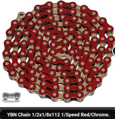SINGLE SPEED BICYCLE CHAIN RED &CHROME 1/2"X1/8"X 112,CRUISER,BMX(most colors) - Image 1 of 3