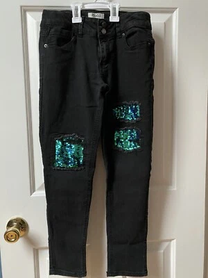 Pantalones de mezclilla ajustados Mudd talla 14 parches de lentejuelas verdes para niños Foto 1 de 4