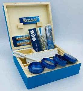 BLAU Holz Rollbox Rizla OCB Papiere Kakerlake Dank Planke NO1 Metallschleifer Spitzen - Bild 1 von 14