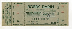 TICKET - BOBBY DARIN - 1962 ALBANY WAPPENKAMMER MIT STUB - Bild 1 von 2