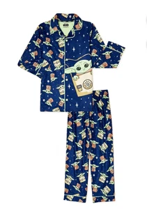 Baby Yoda Boys Pajamas Star Wars Size 4-12 Mandalorian Button Coat Shirt & Pants - Picture 1 of 12