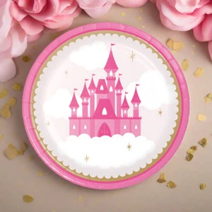 Pink and Gold Princess Plates 9" – Baby Shower, Bridal Shower, Birthday (8 Pack) - Picture 1 of 6