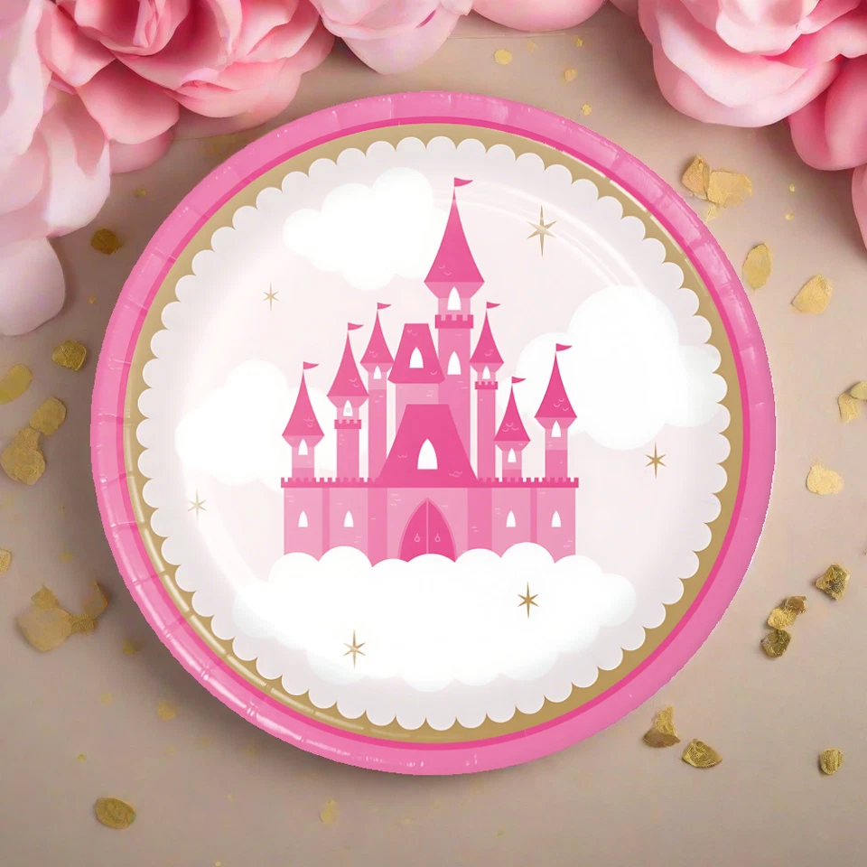 Pink Princess Castle Dinner Plates 9" - (8 pack), birthday, bridal, baby - Image 1 of 4