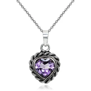Oxidized Bali Twist Rope Heart Simulated Amethyst Pendant Necklace in 925 Silver - Picture 1 of 3