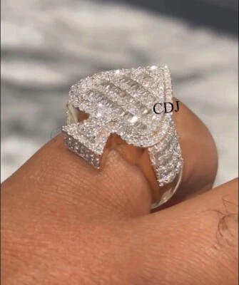 Round & Baguette D/VVS Moissanite Men's Stylish Party Wear Spade Ring 925 Silver - Image 1 of 4