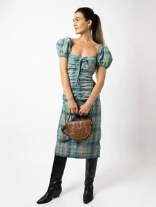 Ganni Lagoon Midikleid Seersucker Karo Puffärmel Rüschen kariert XS Designer - Bild 1 von 24