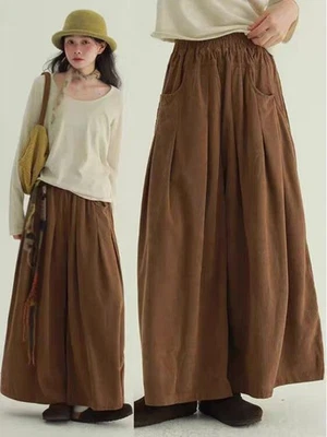 Retro Mujer Pana Pierna Ancha Pantalones Invierno Sueltos Informales Pantalones Cintura Elástica Foto 1 de 4