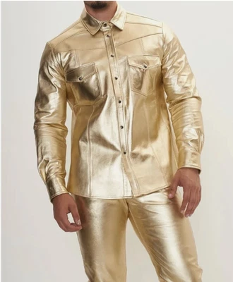Men's Real Lamb Leather Gold Color Full Sleeves Chest Pockets Shirt & Pant Jeans - Image 1 of 4
