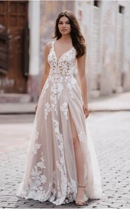 Loveloy Wedding Gown - Sexy V Neck Slit Lacy Bridal Gown Champange Boho Style - Picture 1 of 8