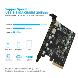 PCIe To Type C Expansion Card High Speed USB3.2 20Gbps Driver Free PCI Expre NEW - Afbeelding 1 van 12