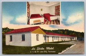 Vintage La Siesta Motel U.S. 25 W Lake City Tennessee Leinen Postkarte - Bild 1 von 2