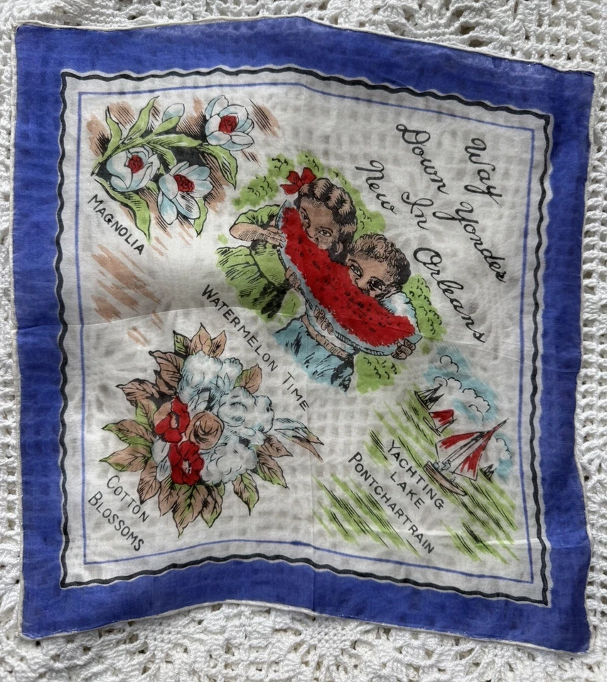 Pañuelo vintage Hankie Japón seda enrollado a mano Nueva Orleans muy abajo allá Foto 1 de 4