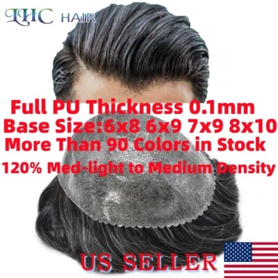 Mens Toupee Hairpiece All Poly Human Hair Replacement System Skin PU Wig For Men - Image 1 of 4