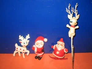 4 Vintage Santa Clip , Santa Skiing, Reindeer Tree Filler, Reindeer Ornament - Picture 1 of 7