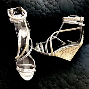 B BRIAN ATWOOD SEDINI Silver Snake Leather Metallic Wedge Sandals 6.5 - Picture 1 of 12