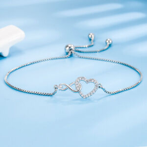 Solid 925 Sterling Silver Heart Infinity Bracelet Handmade Unisex Jewelry Gifts
