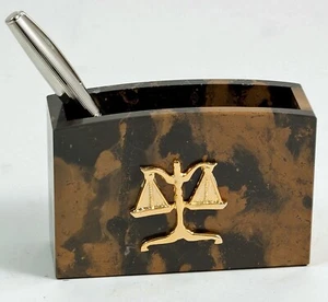 LEGAL SCALES OF JUSTICE TIGER EYE MARBLE PEN AND PENCIL HOLDER - Picture 1 of 1