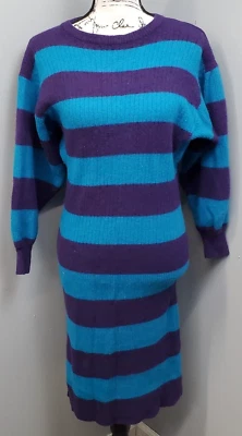 Nicole Miller Sweater Dress Womens Small Blue Purple Lambswool Striped Pullover - Image 1 of 4