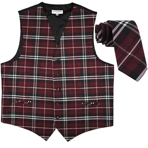 Nuevo chaleco de esmoquin a cuadros para hombre y corbata delgada delgada de 2,5" borgoña graduación - Imagen 1 de 3
