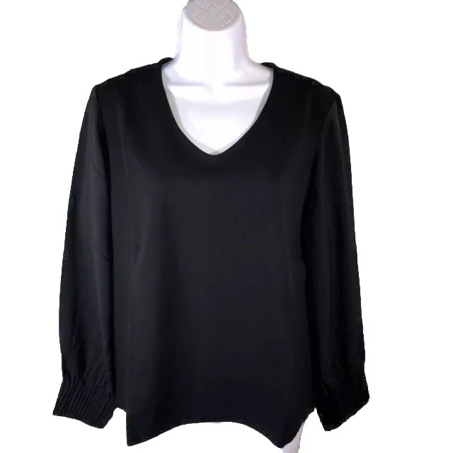 Chicos 1 M Black Ponte Pleated Cuff V Neck Blouse Shirt Pullover