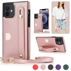 Per iPhone 16e/16/15/14/13/12/11 XR SE 8 Custodia in pelle a tracolla Card Ba... - Foto 1 di 32