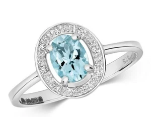 Real Aquamarine and Diamond Ring Solid White Gold Oval Halo Cluster Size J-Q - Picture 1 of 5
