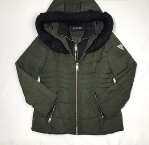 Guess Womens Green Black Puffer Jacket Hooded Olive Faux Fur Inner Pockets Sz M - Picture 1 of 15