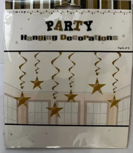 Gold Stars with Gold Foil Swirls Hanging Decoration Strands Birthday 6 Pack - Picture 1 of 1
