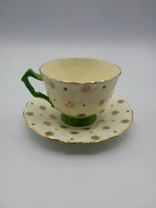 Vintage Aynsley Tea Cup & Saucer Set Green Polka Dots & Gold Design England - Picture 1 of 10