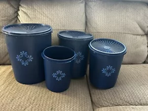 OLDER TUPPERWARE 4 PIECE DARK BLUE CANISTER SET W/3 Lids - Picture 1 of 7