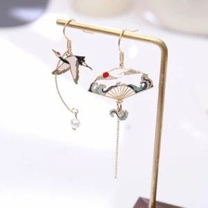 Chinese Style Bird Fan Asymmetric Dangle Earrings Stud Women Ethnic Jewelry Gift - Picture 1 of 7