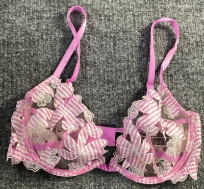 Sujetador Victoria's Secret 32D Corte Bajo Demi Malla Floral Rosa Púrpura Blanco Rayas Nuevo Foto 1 de 4