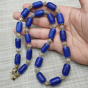 Vintage Venetian Style Blue Chevron With Bone Beaded Necklace - Picture 1 of 20