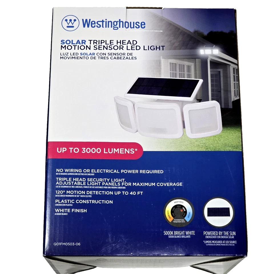Sensor de movimiento solar de triple cabezal Westinghouse luz LED 3000 lúmenes acabado blanco Foto 1 de 1