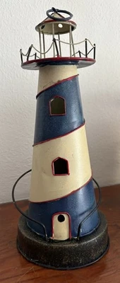 10” Metal Lighthouse Decor Blue White Coastal Nautical Artisan Made Simplicity - Image 1 of 4