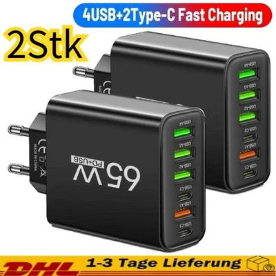1/2X 6-Fach Schnell Ladegerät Stecker USB Port 65W Netzteil Adapter Handy Tablet - Bild 1 von 4