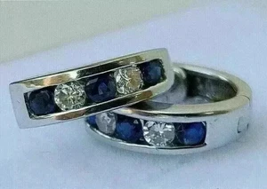 2CT Round Lab Created Blue Sapphire Huggie/Hoop Earrings 14K White Gold Plated - Picture 1 of 8