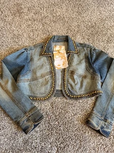 Vintage Y2K Crest Jeans Denim Hand Beaded Cropped Jean Jacket Boho Womens Large - Picture 1 of 8
