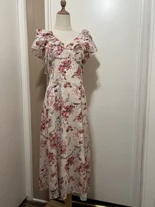 JJ's House Cascading Ruffle Floral Print V-Neck A-line Chiffon Midi Dress M - Picture 1 of 7