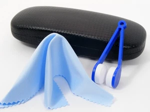 Hard Clam Shell Eyeglasses Glasses Black Case w/ Blue Cleaning Cloth & Brush - Picture 1 of 10