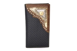 Western Bifold Wallet Black Checbook Genuine Leather Sheriff Star Wallet Studs - Picture 1 of 9