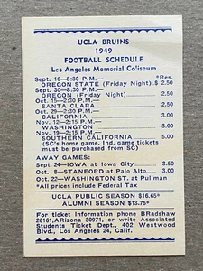 CFB 1949 UCLA BRUINS College Football Schedule Card Original Vintage Antique - Picture 1 of 2