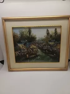Unsigniertes Thailand Südostasien Kanal Ölgemälde gerahmt Vintage Dorf Szene - Bild 1 von 6