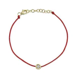 14K Solid Yellow Gold Diamond Red String Cord Bracelet Bezel Set Natural 0.10 CT - Picture 1 of 3
