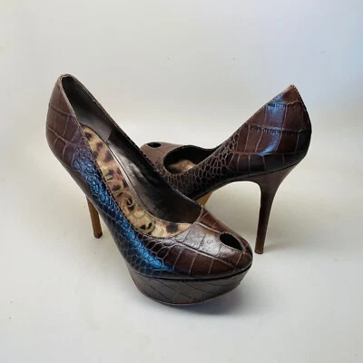 Sam Edelman Nilant Pump Platform Peep Heels 9M Brown Crocodile Embossed Leather - Image 1 of 4