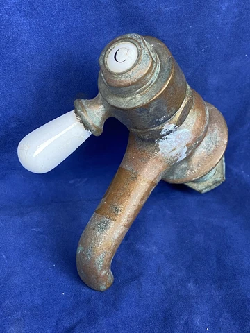 C.1930 Brass Spring Loaded FAUCET ~ Porcelain Handle & "C" Cap, Works Properly! Cover
