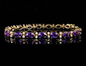 9Ct Oval Cut Lab-Created Purple Amethyst Tennis Bracelet 14K Yellow Gold Finish