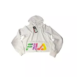 FILA Cropped Hoodie Rainbow Logo Pullover Sweatshirt Athleisure White L - Picture 1 of 6